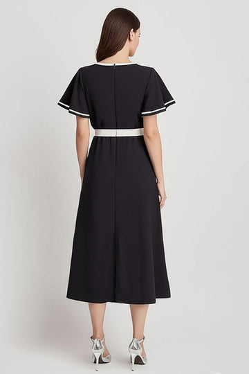 Black A Line Round Neck Long Work Dress with Sleeves